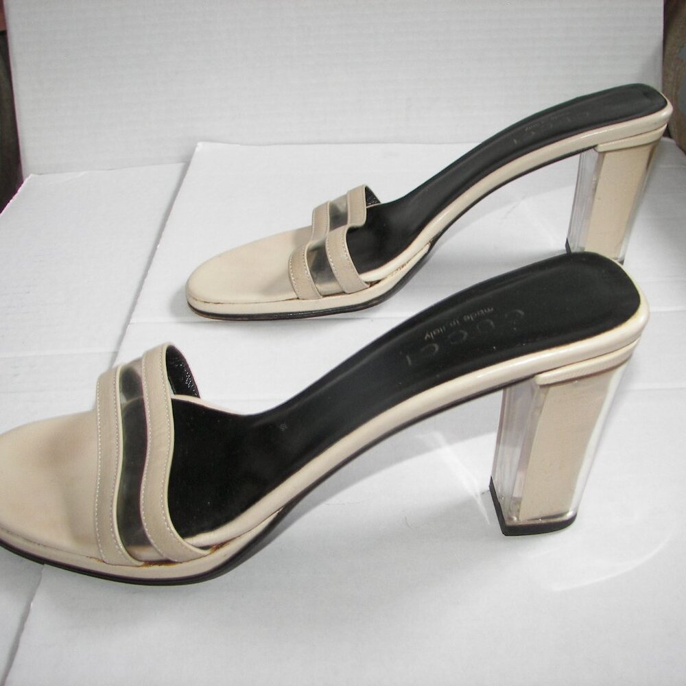 Gucci cream color peep toe leather mule heel US8.5B/EU39 lucite 3" heel - Picture 2 of 10